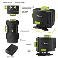 Křížový laser zelený s automatickým nastavením, 4 x 360° laserové nářadí, vodováha 4D 16 linií, IP54 laserový nivelační laser s 